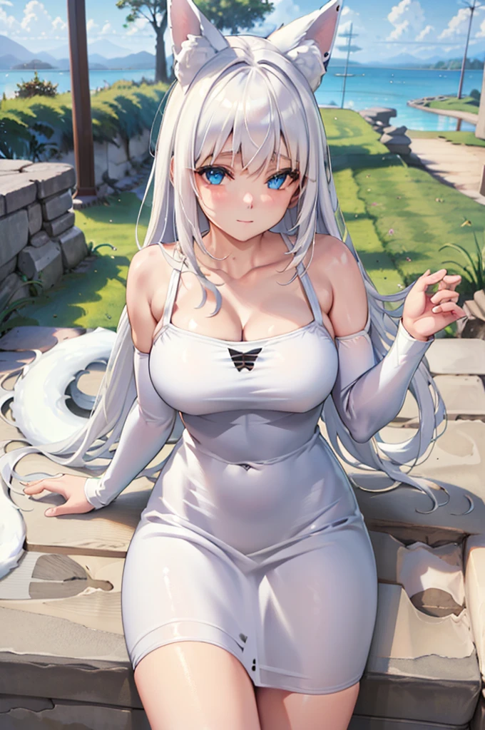 (8k, RAW photo, best quality, masterpiece:1.2), (intricate details), perfect eyes, perfect face, perfect lighting, beautiful, (masterpiece:1.2), (best quality:1.2), 1girl, solo, white fox girl, white hair, ((long loosen hair)), fox ears, white long fluffy tail, adult torso, 19 years old, slight smile, huge sized breasts, (blue dress), cowboy shot, 3DMM, seated, Side view 