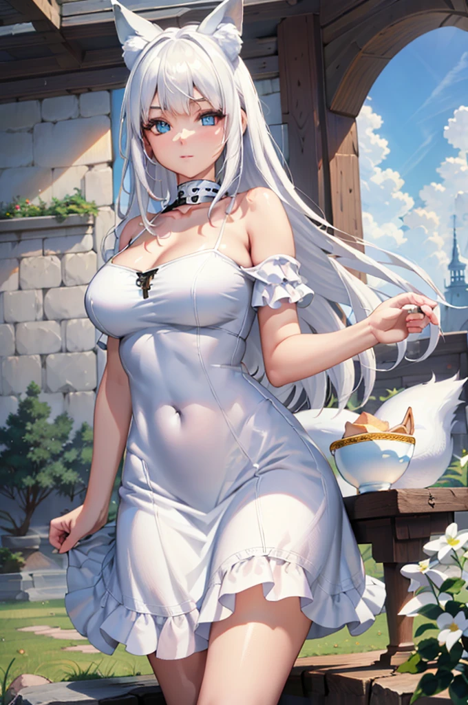 (8k, RAW photo, best quality, masterpiece:1.2), (intricate details), perfect eyes, perfect face, perfect lighting, beautiful, (masterpiece:1.2), (best quality:1.2), 1girl, solo, white fox girl, white hair, ((long loosen hair)), fox ears, white long fluffy tail, adult torso, 19 years old, slight smile, huge sized breasts, (blue dress), cowboy shot, 3DMM, seated, Side view 