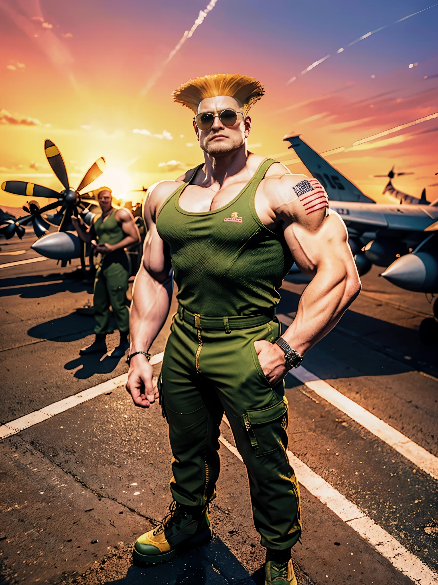 Master piece, realistic, guile from street fighter, standing in an air field, military planes, wearing aviator glasses, green tank top, army pants, awaits his next fight, sunset, orange sky, pink sky, gradient, dynamic shadows