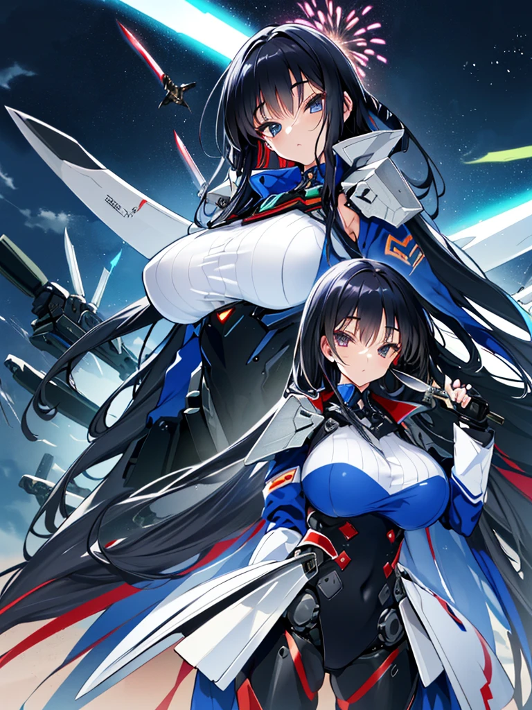 ((mechanical combat uniform))、((SSR rank character))、　anime girl with very big breasts and very long black hair, nime girl, by Shitao, best anime 4k、((Edo))、firework、((Tolerate))、(Tolerate者)、(knife)、((knifeを振ると))