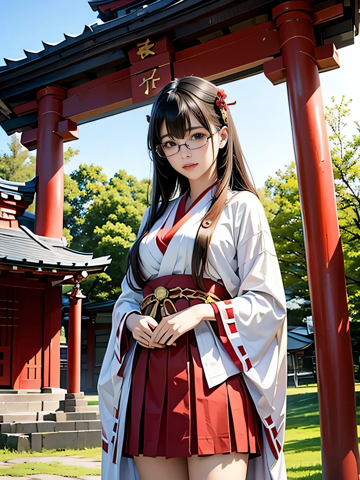 shrine maiden、Crimson too、Shrine maiden attire、ceremony、shrine、within the territory、Long Hair、beautiful girl、Clear Skin、Oracle、The chest is slightly open、cowboy shot,shrine maiden outfit,red skirt,Glasses、