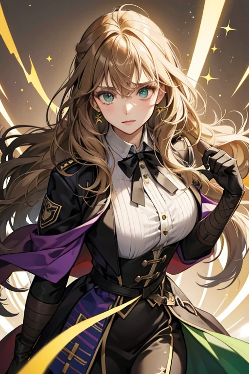 SHE HAS green Eyes and light brown wavy hair, HER hair is parted to the left and an ahoge springs from the part SHe also has a bandage
SHe wears a white-button down dress shirt with a black bow-tie, dark dress pants, a purple cloak, gloves and a striped sash across hER chest. HER cloak bears a large round insignia on its left side; the insignia is bright green with gold trim. SPARKLE; GLITTER