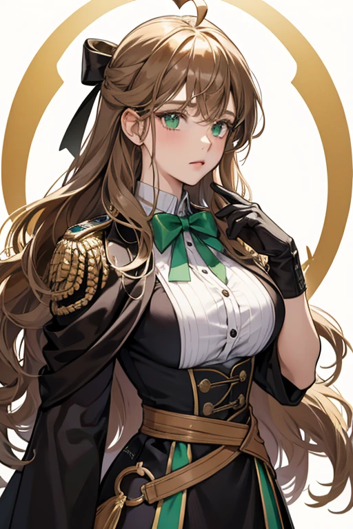 SHE HAS green Eyes and light brown wavy hair, HER hair is parted to the left and an ahoge springs from the part SHe also has a bandage
SHe wears a white-button down dress shirt with a black bow-tie, dark dress pants, a purple cloak, gloves and a striped sash across hER chest. HER cloak bears a large round insignia on its left side; the insignia is bright green with gold trim. SPARKLE; GLITTER