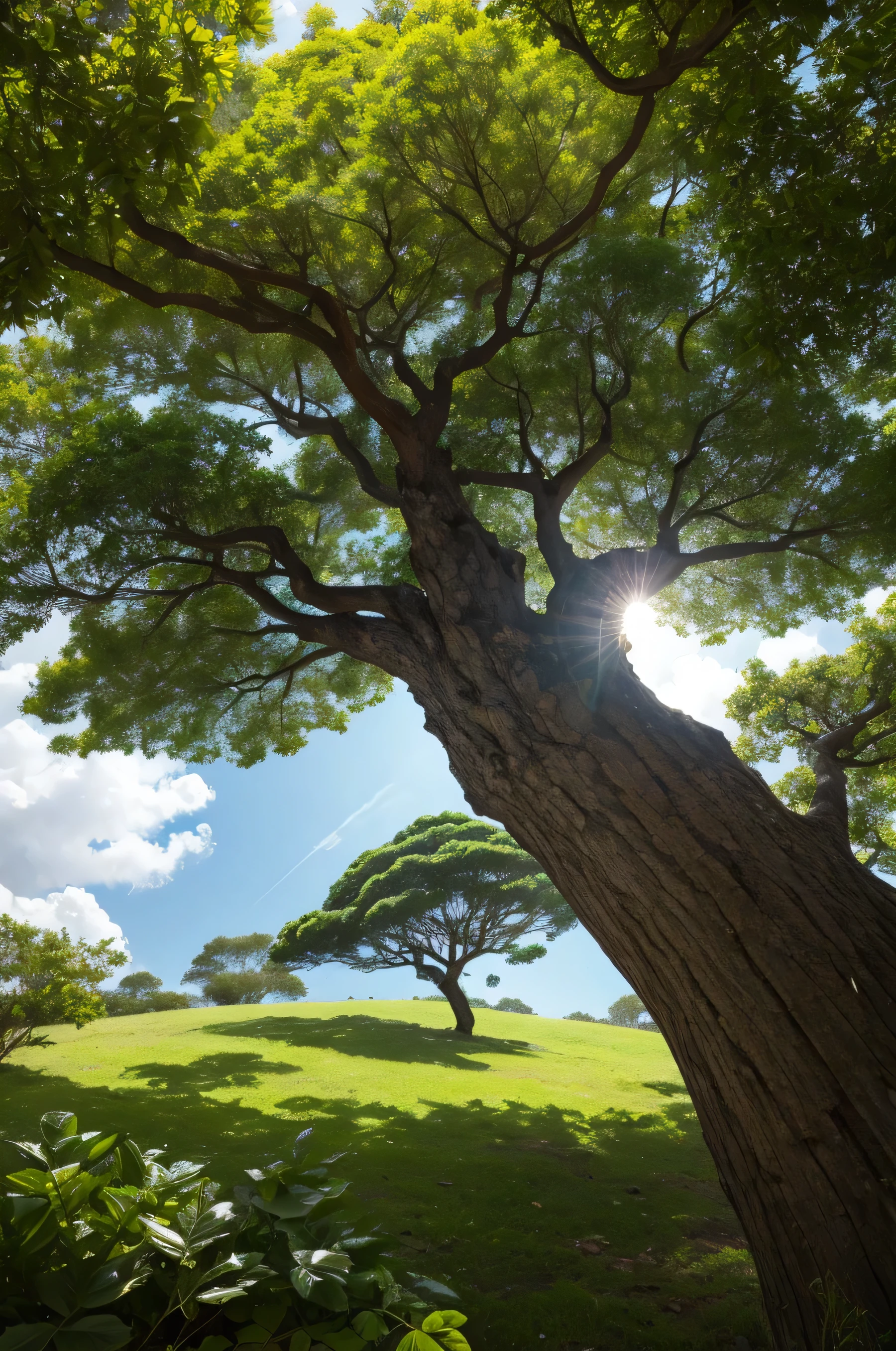 Grande, imposing and leafy tree, com grandes raizes. Cores fortes e vibrantes. Kinematic lighting