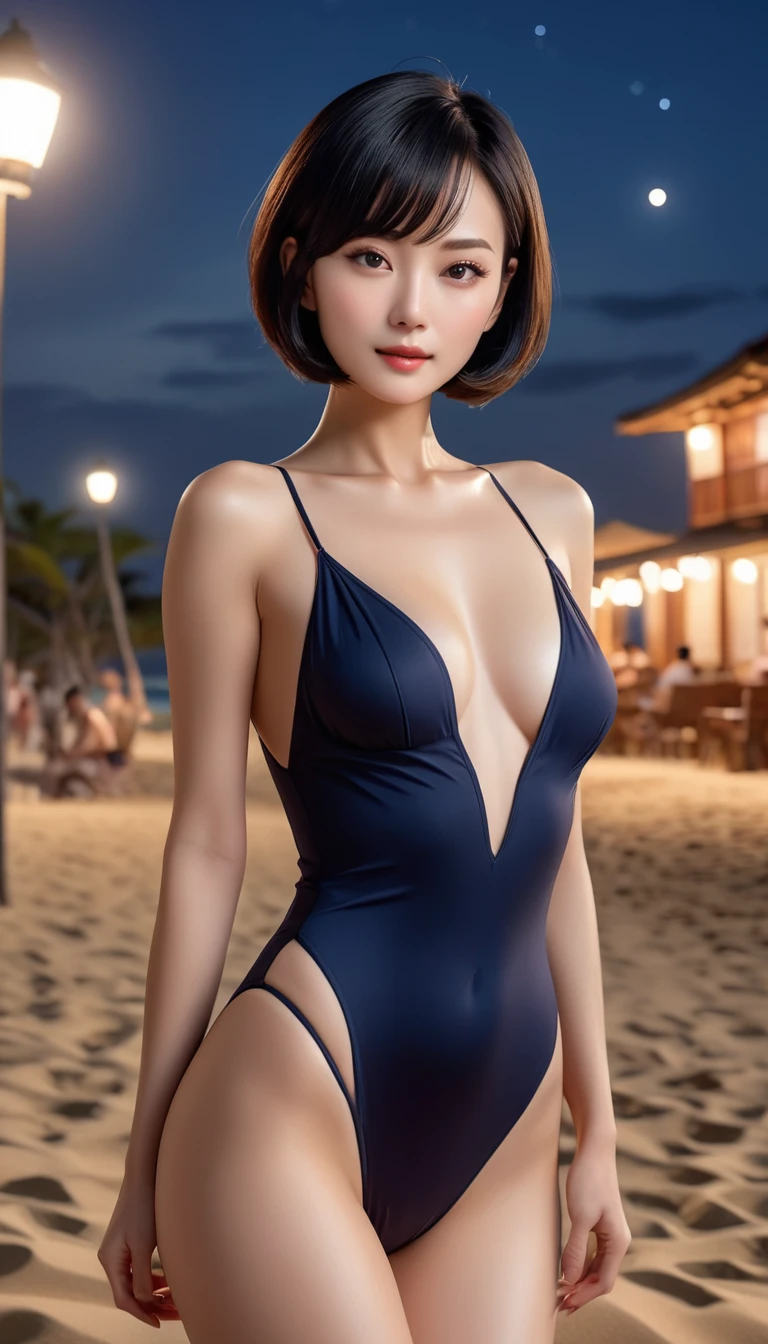 4K resolution, 8K resolution, beautiful, Highest quality, Absolutely wonderful, Very detailed, Ultra-high resolution, masterpiece, RAW Photos, Realistic, Depth of written boundary, Cinematic Light, 
One sexy mature woman, 
Black bob cut short hair, 精巧なディテールのbeautiful顔, A calm expression on a face, 
 white skin, Very sensitive skin, 
Great proportions, Glamorous Body, Anatomically correct body, Shapely large breasts, Shapely ass, Firm thighs, 
High leg swimsuit, Bold design, beautiful装飾, Detailed cloth texture, 
Night sky background, Dark sandy beach at night, 