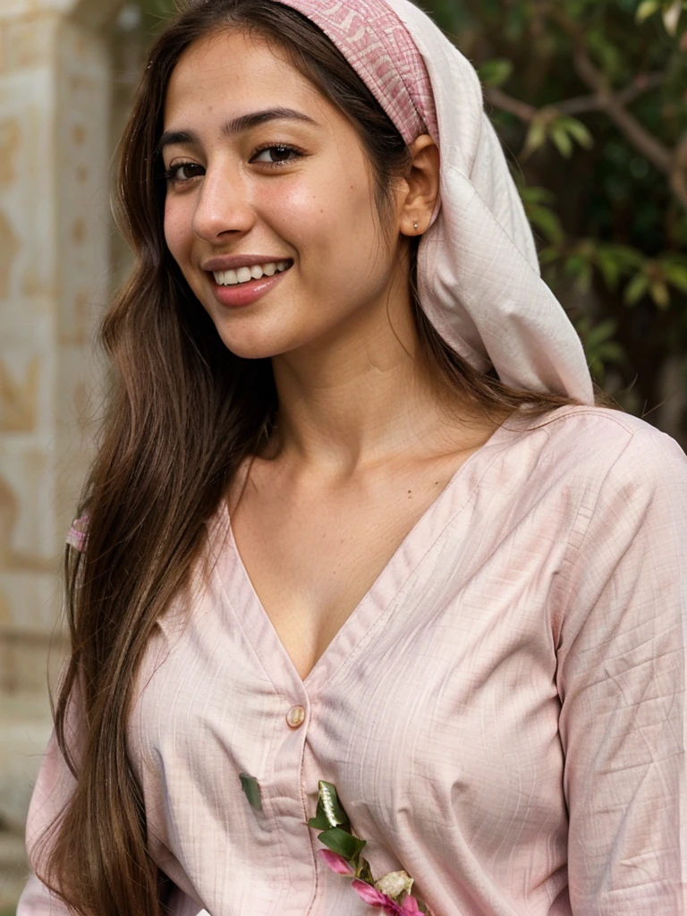 very high resolution, realistic Arab women, pink shirt, white teethes, cute smile, long brown hair, realistic facial details, modest, white skin