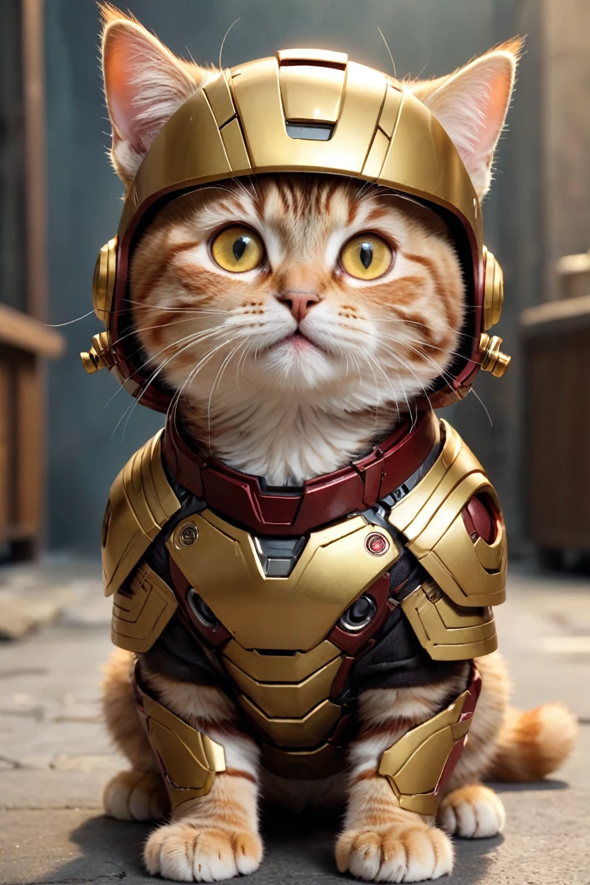 small, There are no humans in this world、The world of anthropomorphized cats、Wearing an Iron Man suit、He also wears an Iron Man helmet.、The front of the helmet can be opened to reveal the face、かわいいbornき物全身, Costumes,、 Fantasy art, Exquisite detail, An anthropomorphic, fat, furry tabby kitten with yellow eyes, Movie Scenes, Dramatic shot angles, , Realistic, born々Amazing cinematic photorealism, Action Portrait, 8K, detailed, Full Frame
