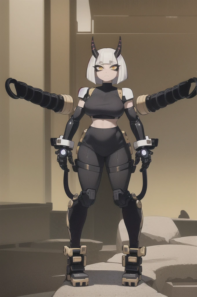 (masterpiece, ultra high quality), (standing), (full body), (1girl), (solo), (female focus), (Furry), (Anime art style), (Singular, large horn), (half human/half snake hybrid female), (Messy bob-cut with bangs), (big eyebrows), (snake tail) (Cute anime snake eyes), (mechanical limbs attached to limbless female body), (mechanical exo-suit)