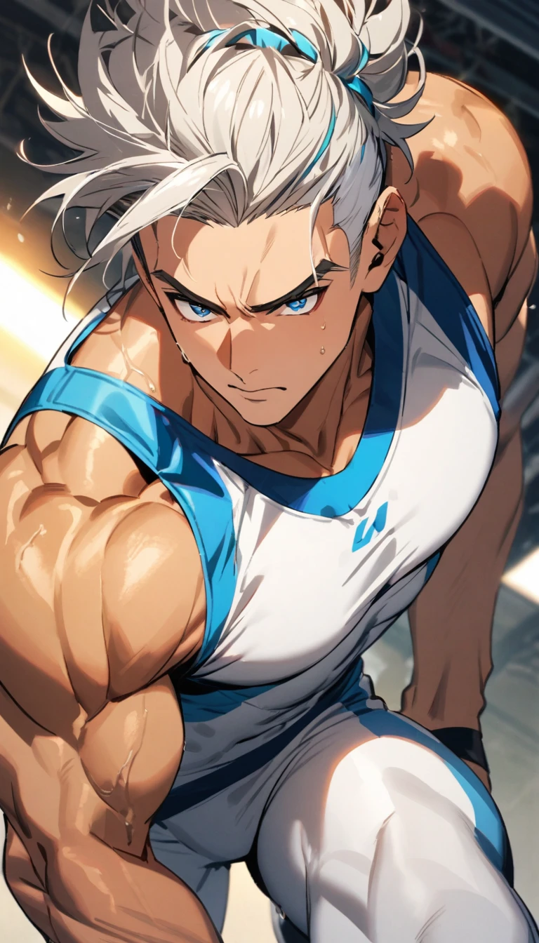 A muscular man wearing a red, yellow, blue and white fitness outfit,Cool hairstyle