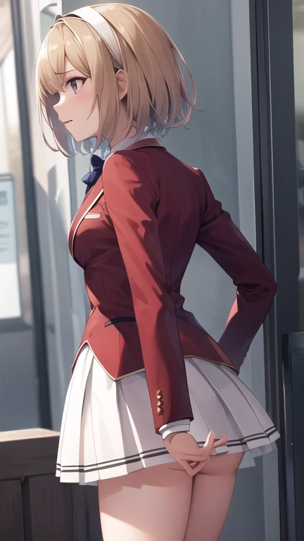 masterpiece, best quality, highres, aakikyo, short hair, hair intakes, white hairband, blue bowtie, collared shirt, blazer, red jacket, long sleeves, white skirt, pleated skirt, black socks, cowboy shot, standing, outdoors, straight-on, arms at sides,