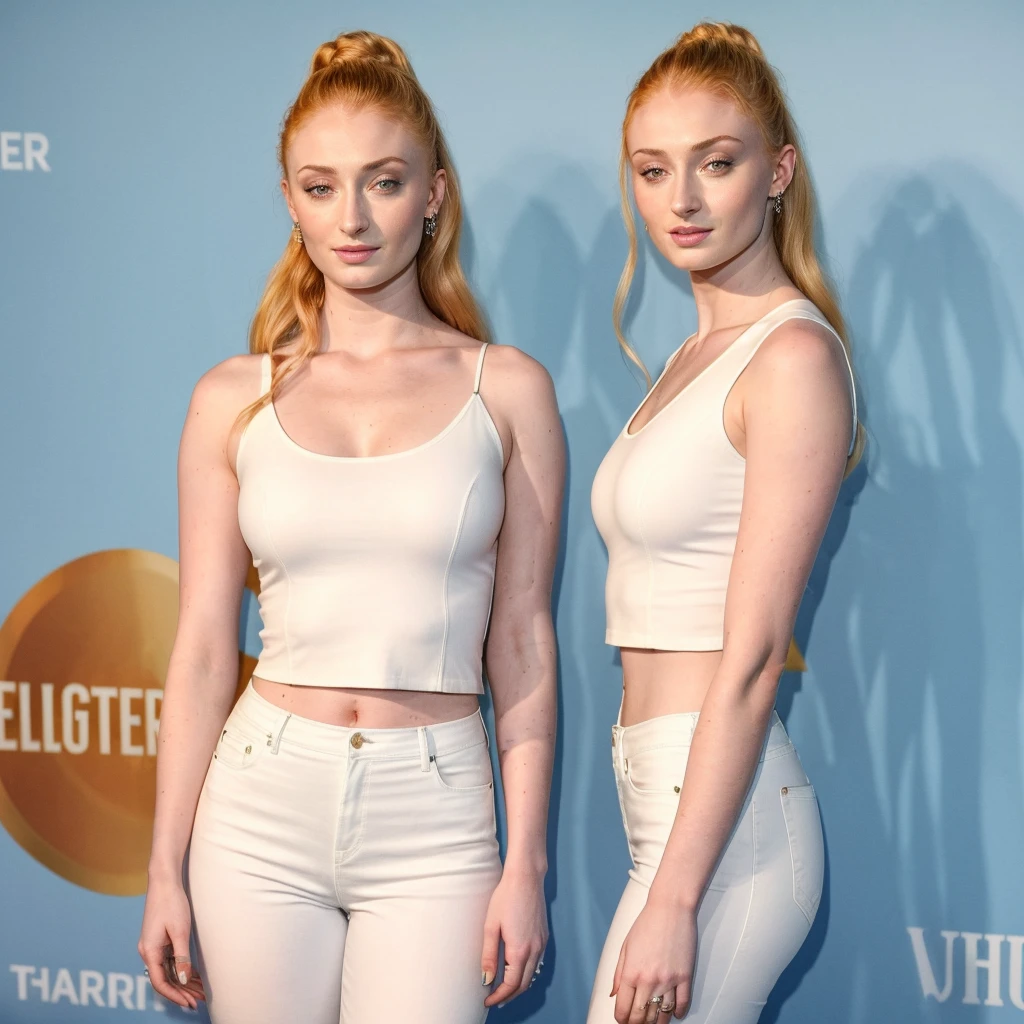 Sophie Turner in a white tight top tugged in in blue jeans, high quality, photorealistic
