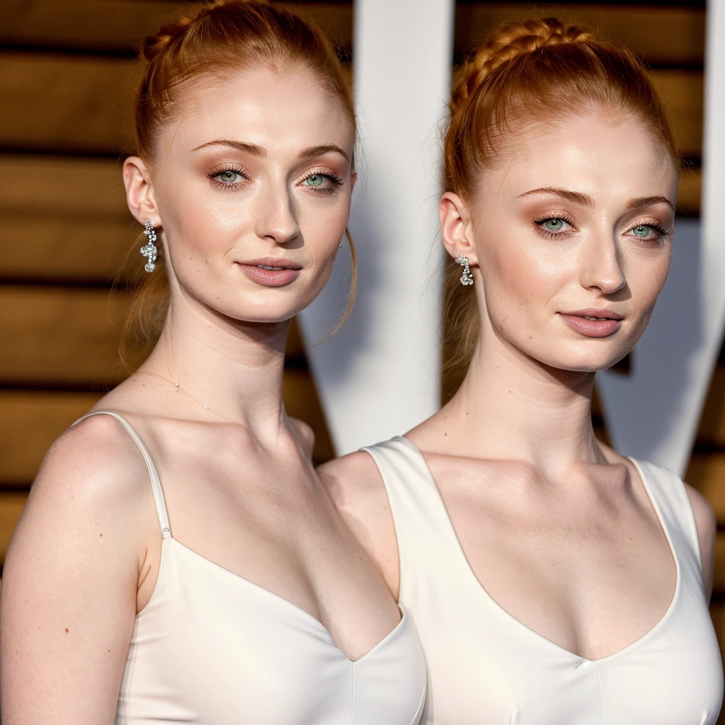 Sophie Turner in a white tight top tugged in in blue jeans, high quality, photorealistic