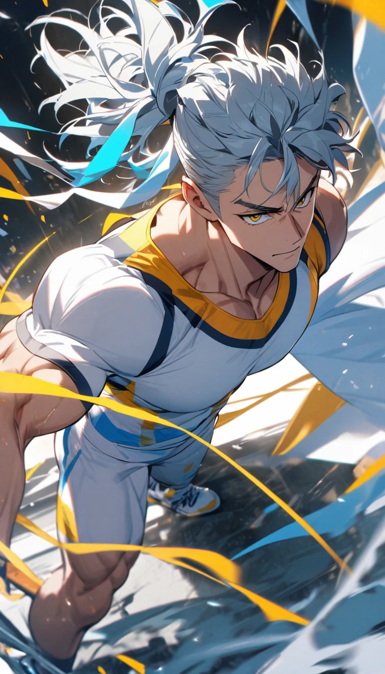 A muscular man wearing a red, yellow, blue and white fitness outfit,Cool hairstyle