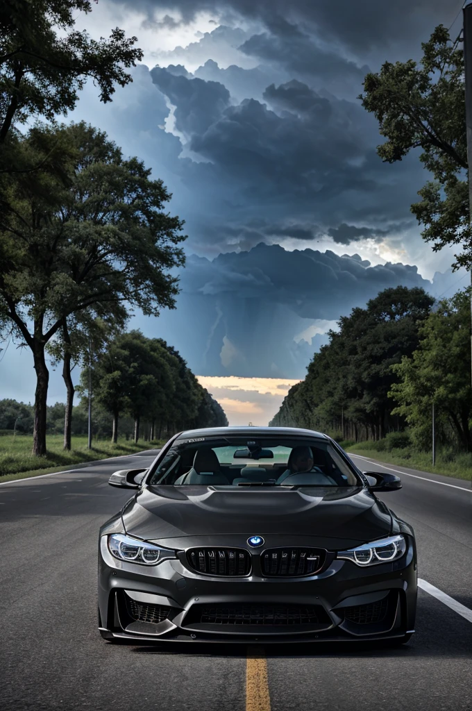 A bmw m4 is going on the road where so many trees in the corner of road and the sky is black due to thunderstorm