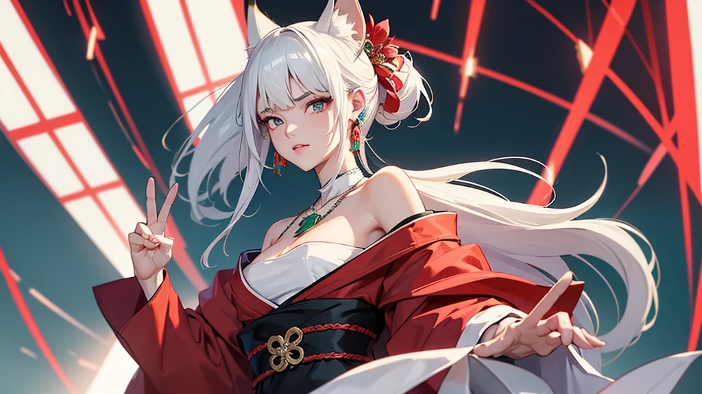 Duck sitting。Enraged, he turns his face away。Full body drawing is required。Red off-the-shoulder kimono。Emerald Cyberpunk World。Side camera high angle bust zoom up。Mature Woman。White hair with fox ears。Earrings。necklace。brooch。Many hair accessories。glamorous。
