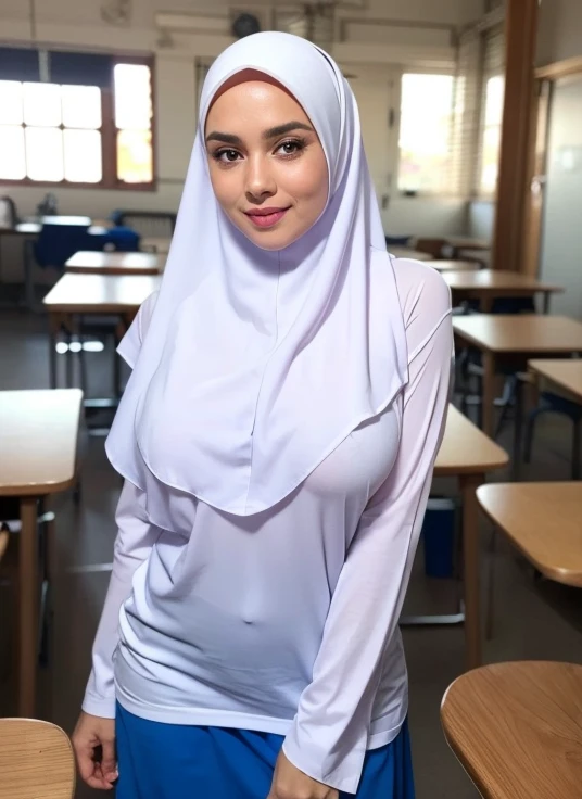 1girl, white silky dress, wearing short blue hijab, blue skirt, long sleeve, classroom background, beautiful, pretty, blushing, flawless, best quality, masterpiece, ultra high res, (photorealistic:1.4), raw photo, (large breasts,full body:1.2), ((closed clothes)), detailed two arms, ((both arms squeezed the breasts)) ((wearing short hijab)), detailed beautiful eyes, detailed reddish lips, ((dress wrinkles at breasts area))