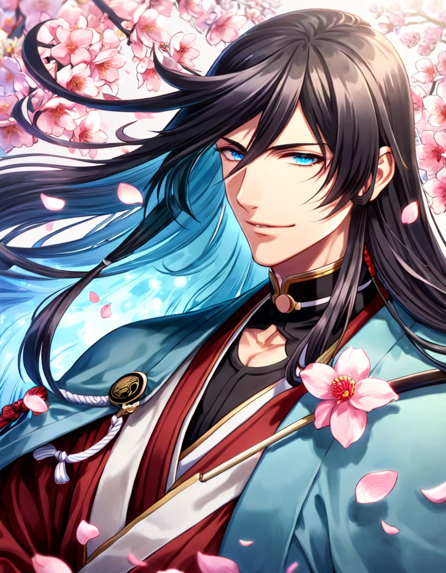 Ultra detailed, highres, absurdres, HDR, master piece, Izuminokami Kanesada, black long hair, expressive blue eyes, red clothes, light blue haori, Touken Ranbu, fantasy, pink petals, water, pink flowers, handsome, sexy man, solo, magical, best quality, blossoms, handsome smile, blue shining fireflies,