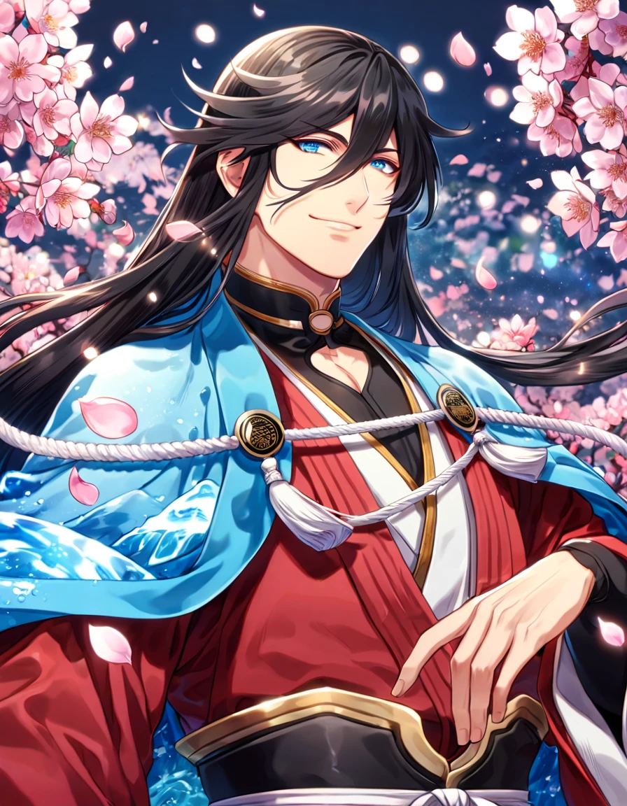 Ultra detailed, highres, absurdres, HDR, master piece, Izuminokami Kanesada, black long hair, expressive blue eyes, red clothes, light blue haori, Touken Ranbu, fantasy, pink petals, water, pink flowers, handsome, sexy man, solo, magical, best quality, blossoms, handsome smile, blue shining fireflies,