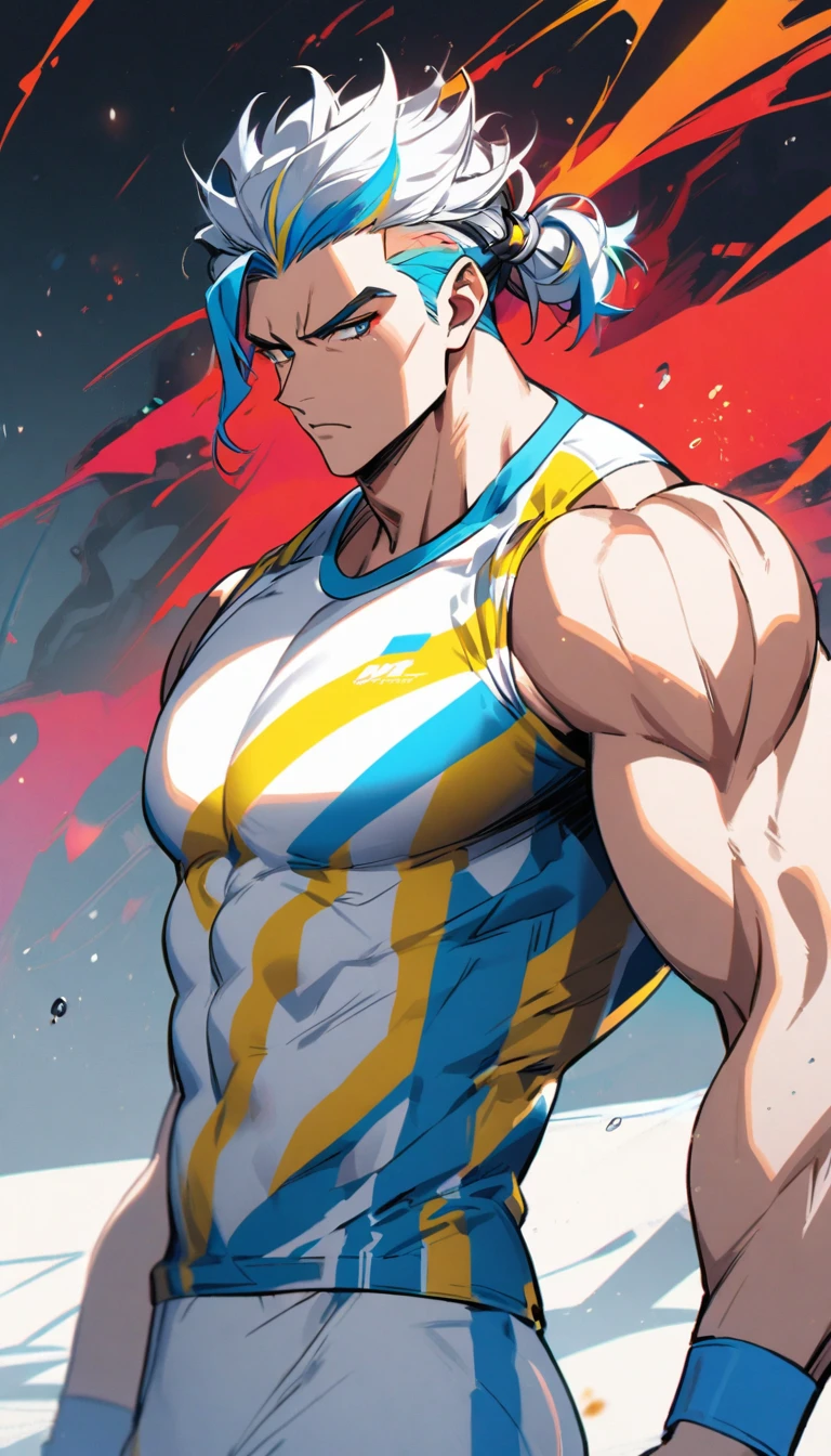A muscular man wearing a red, yellow, blue and white fitness outfit,Cool hairstyle