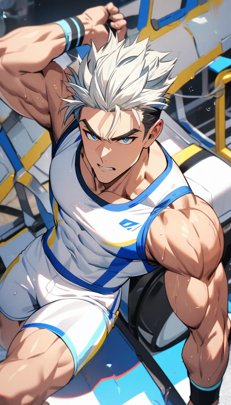 A muscular man wearing a red, yellow, blue and white fitness outfit，Cool hairstyle