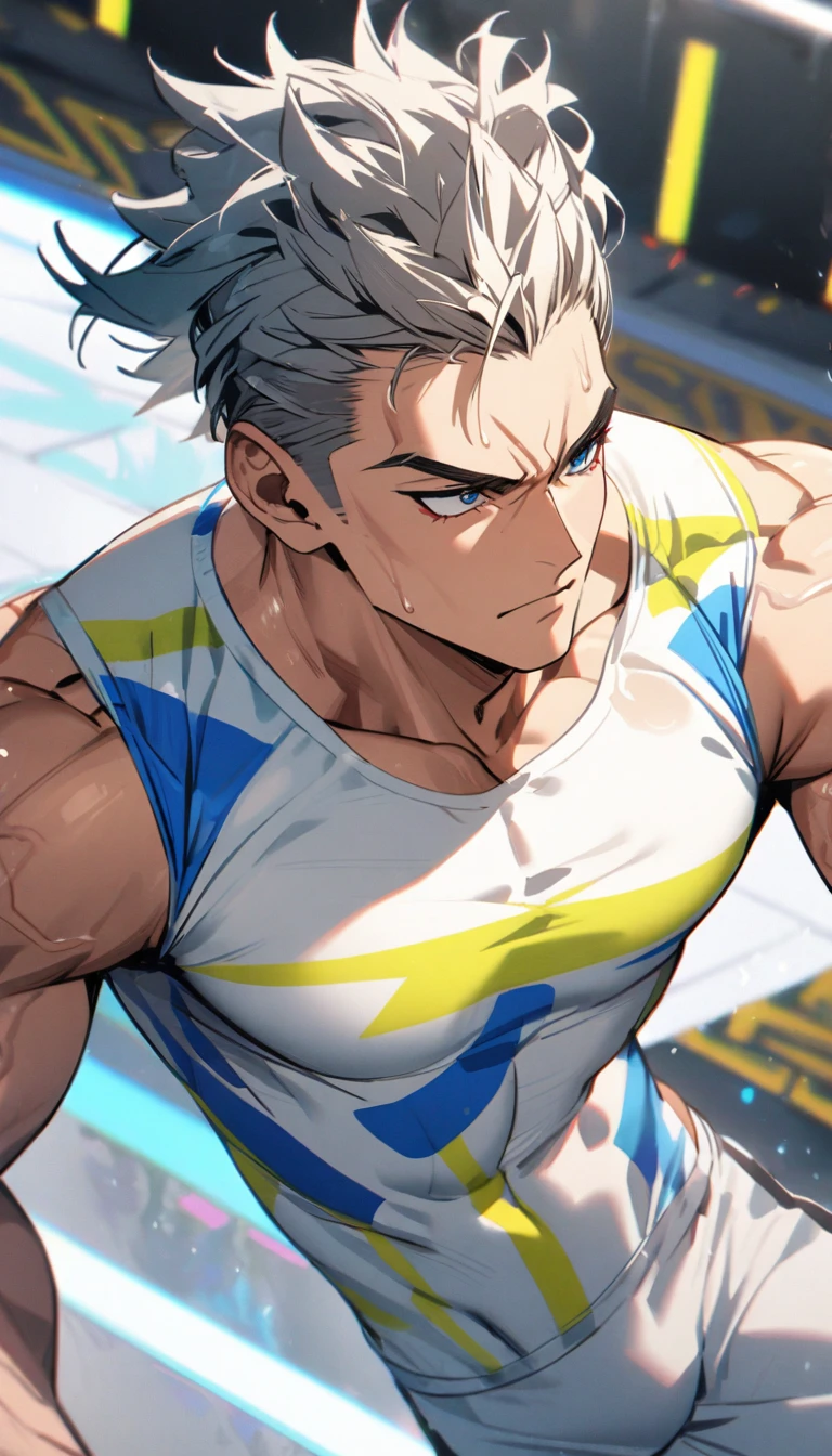 A muscular man wearing a red, yellow, blue and white fitness outfit，Cool hairstyle