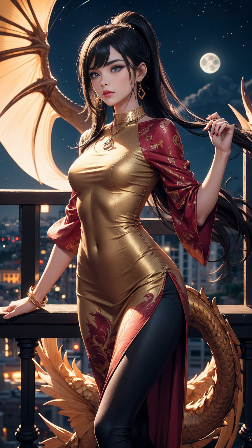 Beautiful woman with long straight ponytail black hair with blue eyes wearing a Burgundy Tight Leggings With Golden Dragon Prints, a Red Sexy Criss Cross Mock Neck Short Sleeves Dress With Phoenix Prints, luxurious jewelry and a luxurious necklace, 18k gold wedding ring on left hand, standing in a balcony at night of full moon, (caucasian skin), (light brown lipstick), (elegant mascara), (slim body with abs), (small breasts), (wide hips), midjourney, <lora:GoodHands-, <lora:GoodLegs-, UHD, high resolution, (masterpiece:1.1, best quality), (expressive eyes, perfect face, full body, expressive face, perfect body, perfect pussy, athletic, fit, slim body, blushing, Perfect makeup, eyeliner, beautiful eyelashes, smiling, horny face), ((best illumination, best shadows)), ((sexy pose))