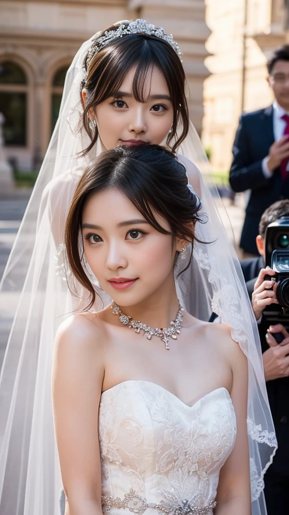 (8K, photo-realistic, ultra-detailed,best quality,ultra high resolution),cinematic lightning,
(detailed cute eyes, soft eyes, black eyes, beautiful detailed eyes:1.3),(loving eyes:1.2),(extremely beautiful skin, radiant skin:1.3), (extremely beautiful face:1.3),
(extremely beautiful japanese actress),(neat young woman),( mature, obedient,neat, intellectual , kindly:1.3),(shyly, lovingly:1.3),(shyly,smile:1.1),(embarrassed, blush, staring lovingly at viewer),
(natural wavy hair:1.1),(beautiful obedient woman:1.3),

(on the courtyard of the church, photography session:1.21),

(beautiful japanese woman:1.25),(extremely beautiful face:1.25),
(ballgown wedding dress, chapel length veil, She is walking, Her skirt is floating in the wind, veil is dancing in the wind:1.2),
(A large group of cameramen surround her and take pictures with cameras.:1.21),

(embarrassed,shyly, lovingly, blush, staring at viewer),(kind smile:0.8),(blush),
(detailed face:1.2), (detailed eyes),
over the shoulder point of view,
She is being photographed by many people