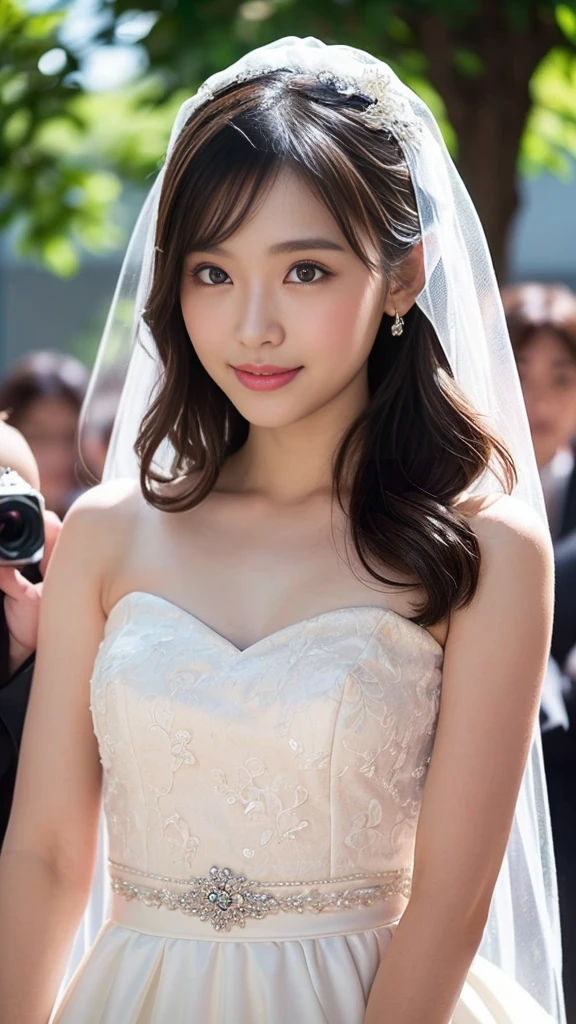 (8K, photo-realistic, ultra-detailed,best quality,ultra high resolution),cinematic lightning,
(detailed cute eyes, soft eyes, black eyes, beautiful detailed eyes:1.3),(loving eyes:1.2),(extremely beautiful skin, radiant skin:1.3), (extremely beautiful face:1.3),
(extremely beautiful japanese actress),(neat young woman),( mature, obedient,neat, intellectual , kindly:1.3),(shyly, lovingly:1.3),(shyly,smile:1.1),(embarrassed, blush, staring lovingly at viewer),
(natural wavy hair:1.1),(beautiful obedient woman:1.3),
(on the courtyard of the church, photography session:1.21),
(beautiful japanese woman:1.25),(extremely beautiful face:1.25),
(ballgown wedding dress, chapel length veil, She is walking, Her skirt is floating in the wind, veil is dancing in the wind:1.2),
(A large group of cameramen surround her and take pictures with cameras.:1.21),
(embarrassed,shyly, lovingly, blush, staring at viewer),(kind smile:0.8),(blush),
(detailed face:1.2), (detailed eyes),
over the shoulder point of view,
She is being photographed by many people