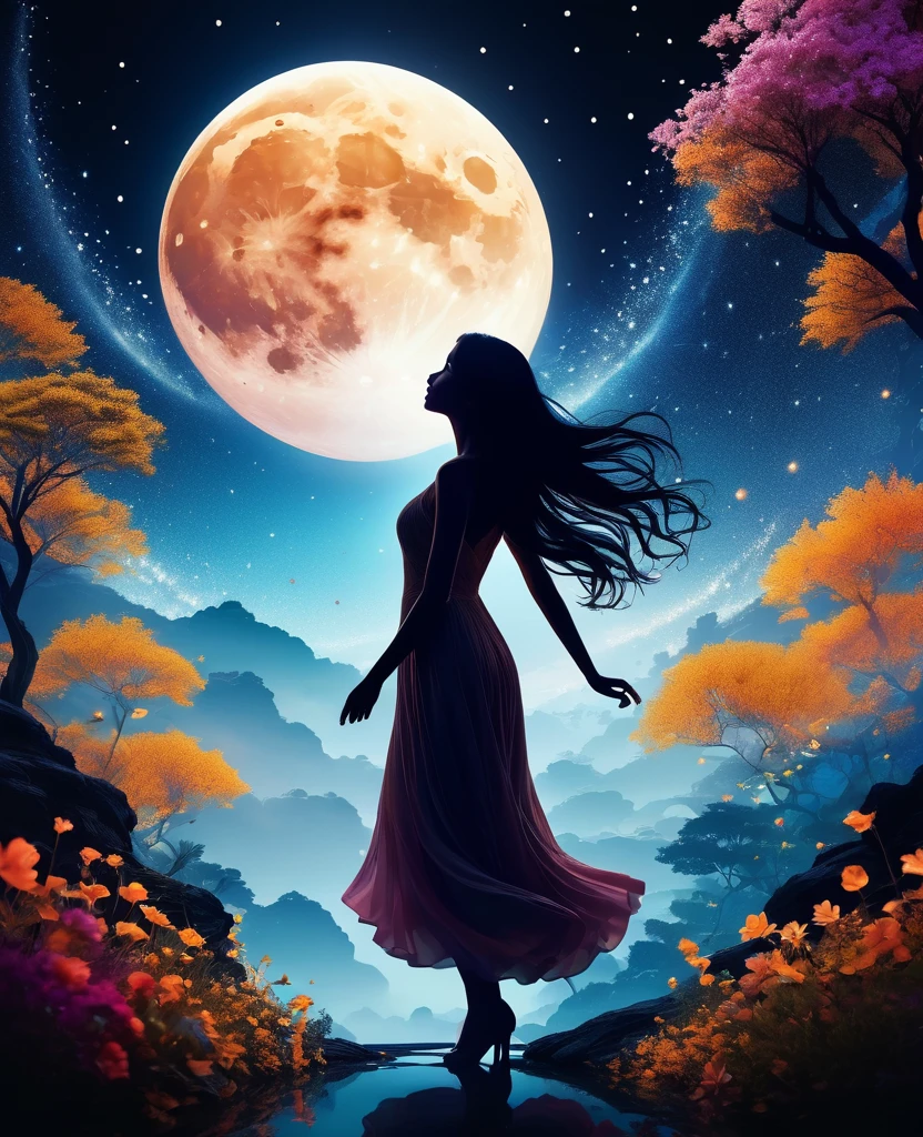Silhouette Art,Girl silhouette texture clear,Graceful gesture,Soft curves,dance,Flowing Hair,moon,Dazzling Star。(Psychedelic style background),Mysterious,twist,Whimsical,(Charming gardens),Mysterious atmosphere,romantic。Delicate lines,Delicate texture,Contrasting shapes,Artwork,Surreal,Dramatic lighting,Hidden meaning,Grace,Depth of emotion,Evoke a sense of mystery and wonder,Thought-provoking and memorable,Otherworldly,change,moving,poetry,A unique visual story。The best quality at its best,4K,8K,High resolution,masterpiece:1.2,Super detailed,Actual:1.37