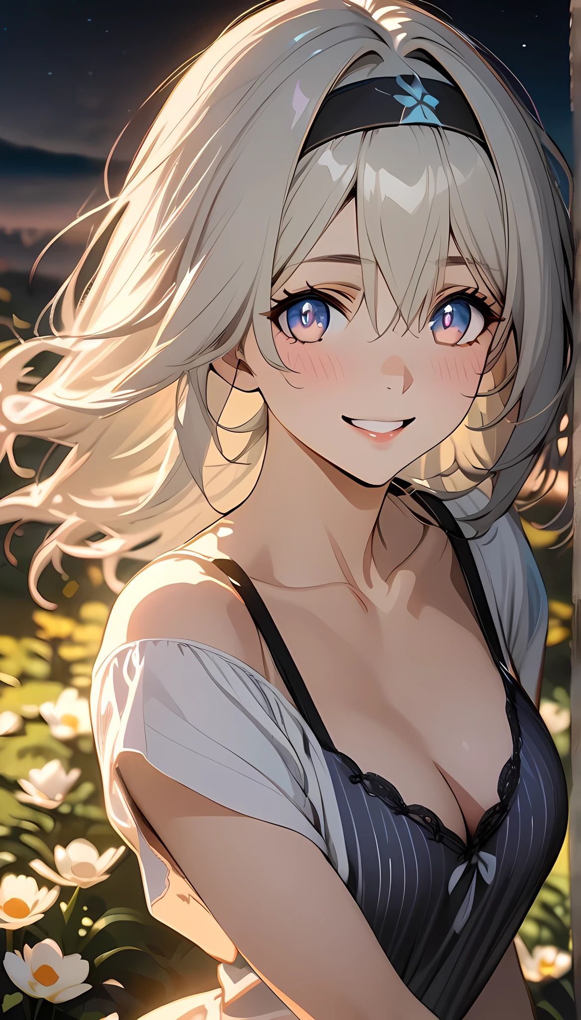 beautiful girl, long grey hair, beautiful face,smiling,close up to hips, beautiful breast, in the middle of flowers field, (open mouth:0.4),illustration,detailed textures(realists),ultra-detailed,portrait style,vivid colors,soft lighting, blushing, mature, hair fluttering, evening light , head band, half body, looking at viewer, cleavages, wearing beautiful night sleepwear, no bra, perky