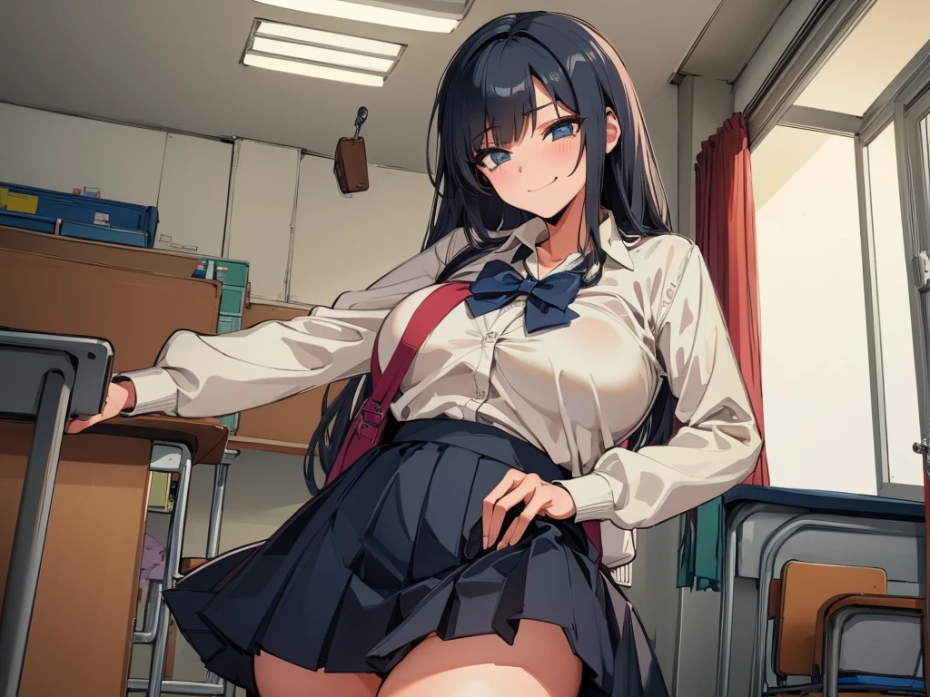 high school student、Women、School classroom、(Big Breasts)、smirk、curvy、(((((1 girl)))))、(from below)、With a cheek cane、独奏