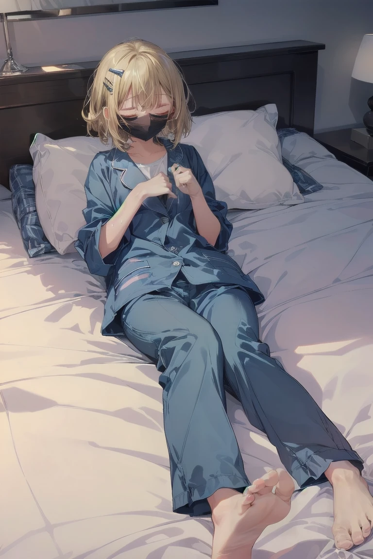(white mouth mask:1.5),(closed eyes), (lie on bed:1.5),Highest quality, Anime Moe Art Style,Best Anime 8K Konachan Wallpaper,Perfect Anatomy, (One Girl:1.5), (alone,:1.8),high school student, short hair, (Straight hair:1.6),(Medium chest),(Blonde:1.8),Complete limbs, Full Finger,medium breast,Small eyes,Accurate blue eyes, (hair over one eye:1.5),Hair Clip, Very detailed,High resolution,Very detailed肌, Professional Lighting,8K eye detail, (Cute illustrations:1.2), (indoor),(Cute Girl's Room:1.4),(modern and sophisticated furniture:1.2),(plush velvet chair and ottoman:1.4),(elegant curtains and window treatments:1.2),(Designer Fashion:1.4),(Instagrammable fashion photo corner:1.2),(unique framed statement mirror:1.4),
(fashion runway style rug:1.2),(Customized closet filled with trendy clothes:1.2),(gorgeous dressing table:1.2),(Fashion Magazines:1.2),(Cute decoration:1.4),(chic lighting fixtures:1.4),(comfortable and stylish bedding:1.4),(Specialized area for fashion accessories:1.3),(高级饰品:1.2),(fashion sketch and design book:1.2),(bed:1.9),(barefoot:1.9),nose blush ,A girl lying in bed with a cold with her head on the pillow, cute, detailed drawing, under art,
1 girl, bangs, bed, blush, sweat, cold, blond hair,(pajamas:1.5), indoors,lying on back, pillow, side lock, sleeping, on futon, on futon sleeping face to face,