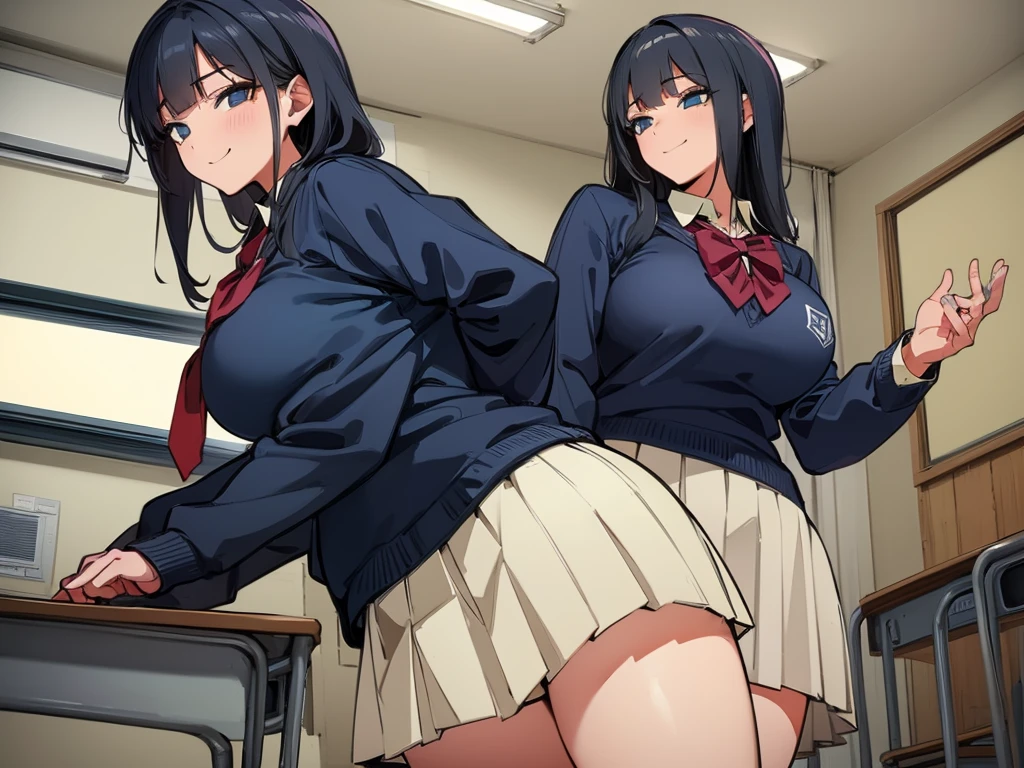 high school student、Women、School classroom、(Big Breasts)、smirk、curvy、(((((1 girl)))))、(from below)、With a cheek cane、1 person