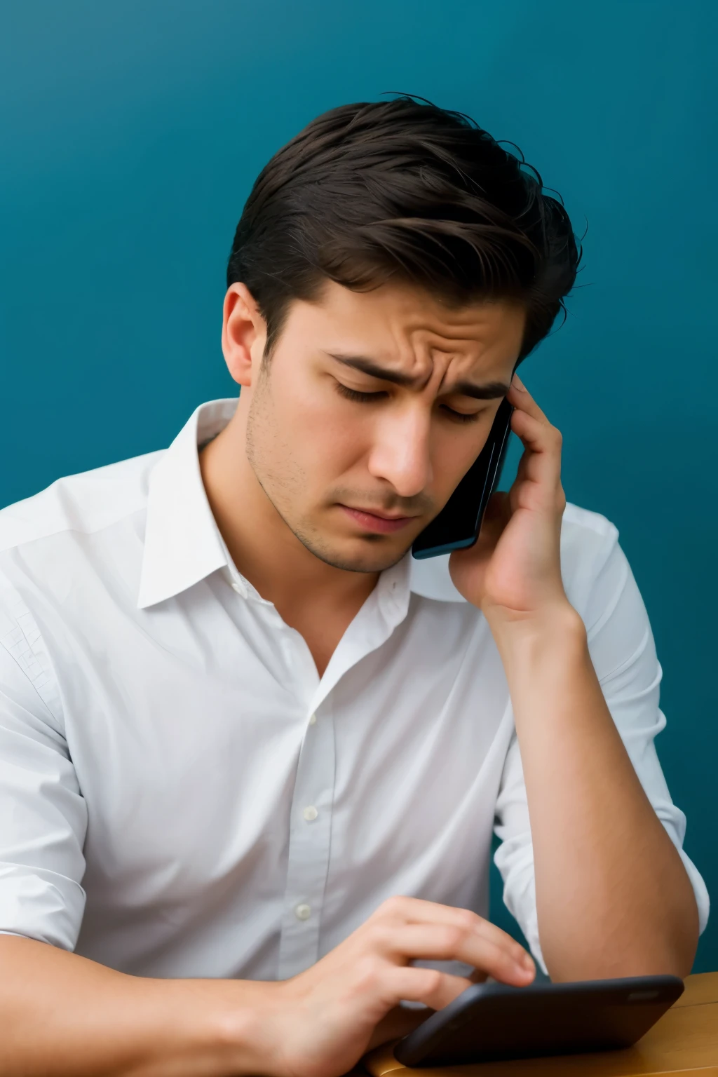 image: A person staring at his cell phone with a frustrated face.
Text: "Tired of your social networks not generating results?? We help you create strategies that attract customers and increase your sales!!"