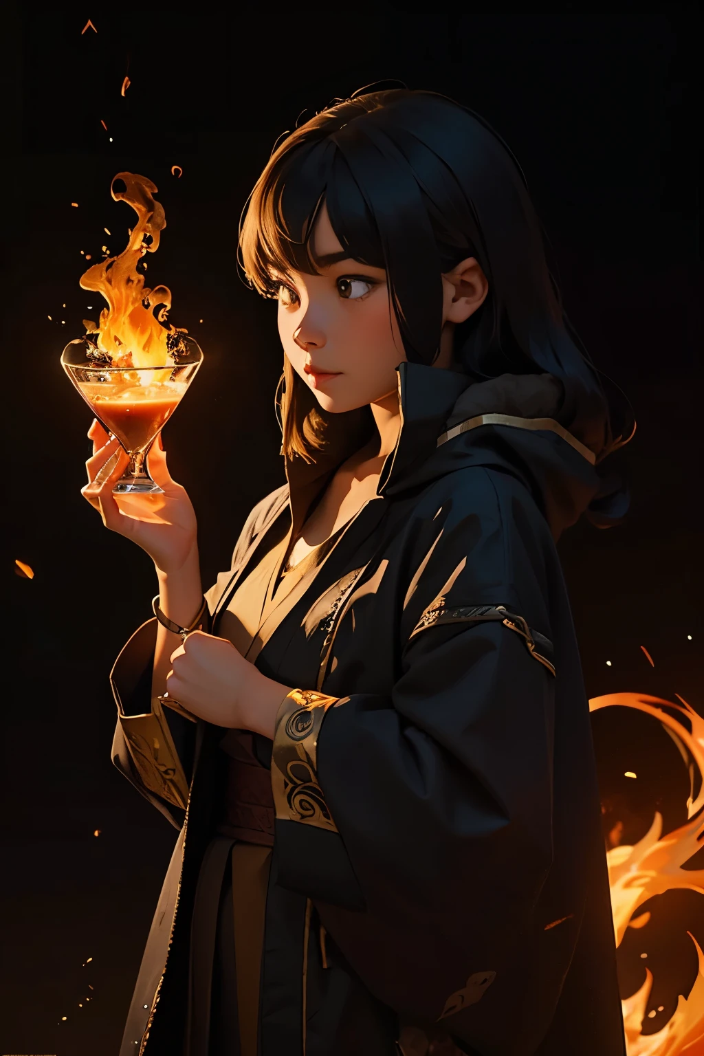 ((best qualityer, 8K, work of art: 1.3)), 1 girl, Slim with a fox appearance with 9 syrups and a fiery gold in a dark night with a Japanese city with ambient lights and shadowy lighting focusing on the girl and with lighting and shadow effects caused by the illuminated aura.