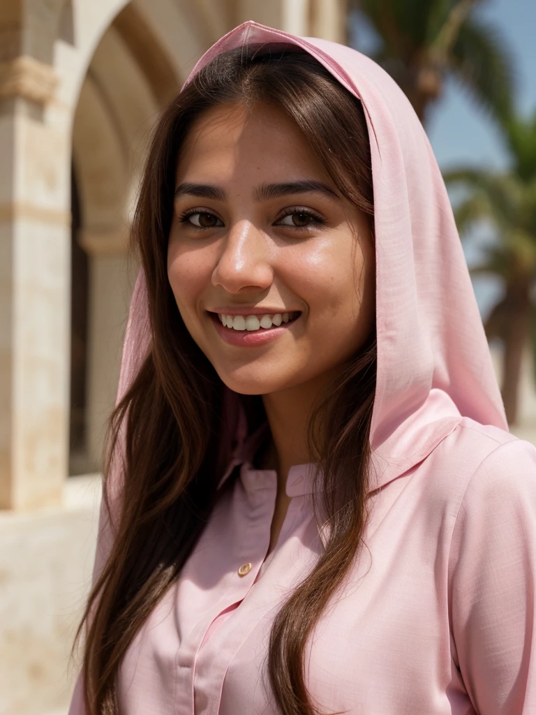 very high resolution, realistic Arab women, pink shirt, white teethes, cute smile, long brown hair, realistic facial details, modest, white skin