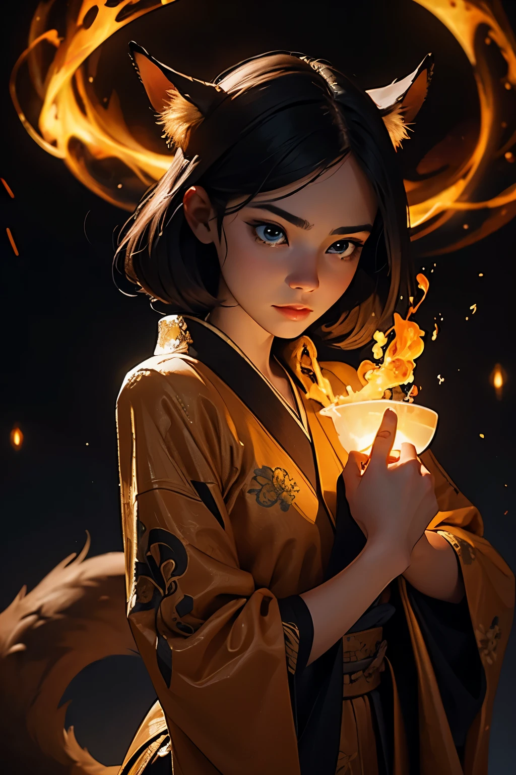 ((best qualityer, 8K, work of art: 1.3)), 1 girl, Slim with a fox appearance with 9 syrups and a fiery gold in a dark night with a Japanese city with ambient lights and shadowy lighting focusing on the girl and with lighting and shadow effects caused by the illuminated aura.