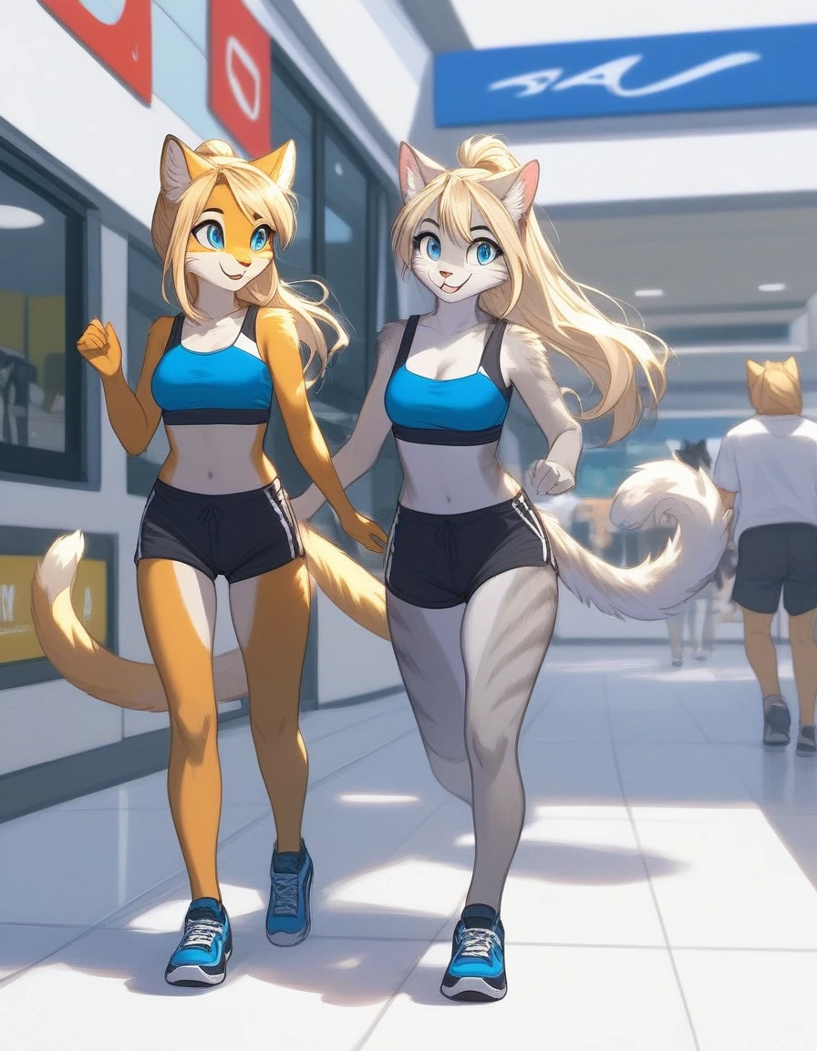 Duo, score_9, score_8_up, score_7_up (anthro furry feline, Kat, silver furry body, blonde hair, hair in ponytail blue eyes, long blonde hair, standing, basic standing pose, white background, wearing blue bandeau, brown short shorts), walking, outdoors at a strip mall, she is walking with an (Anthro black and red dragon male wearing a sports jersey and khaki shorts)