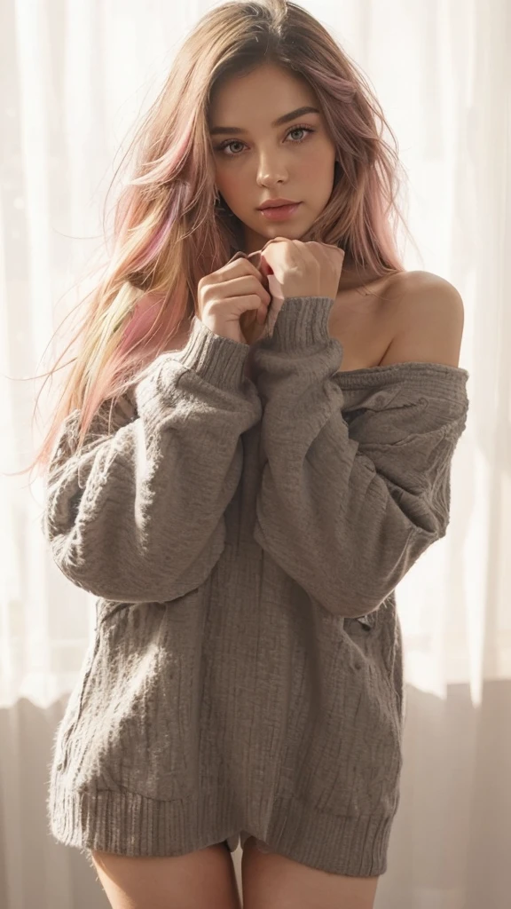 young woman, 30 years, portrait, Medium breasts, slim, long black hair with pink highlights, bang, Is it juniper, hot, Soft or colored lips, Russian, short green shirt, loose jeans, simple background, flat colors, perfect hands, Ideal Anatomy,
