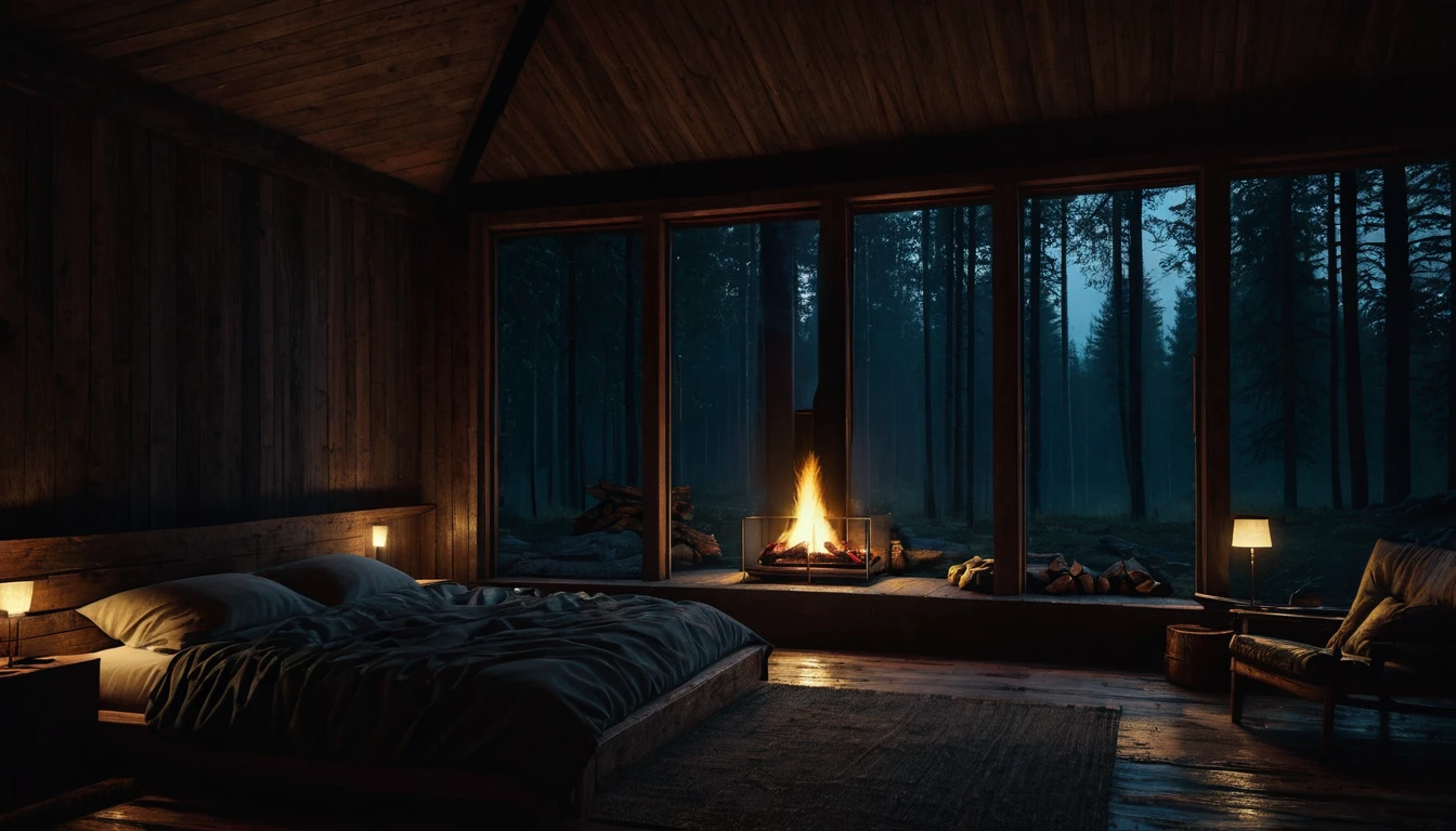 
dimly lit bedroom with fireplace and wood burning bed, large windows to the forest at night, beautiful and cinematic lighting, cozy place, cryengine render 8 k, cabin in the forest, minimalist pyramid room shape, pyramid glass, very forest background dark, lots of column windows, dark, pillows and blankets, large windows, minimalist windows, lots of boxes, minimalist windows facing the forest, quiet night. the picture is original, rainy night. original rendering, stunning, rainy night, gloomy, dark gloomy cinematic lighting, atmosphere, landscape, vast forest, moody, dramatic lighting. cinematic, cinematic, atmospheric shots, gloomy weather. hyperrealistic, atmospheric rendering, rainy night, huge gloomy forest, cinematic,