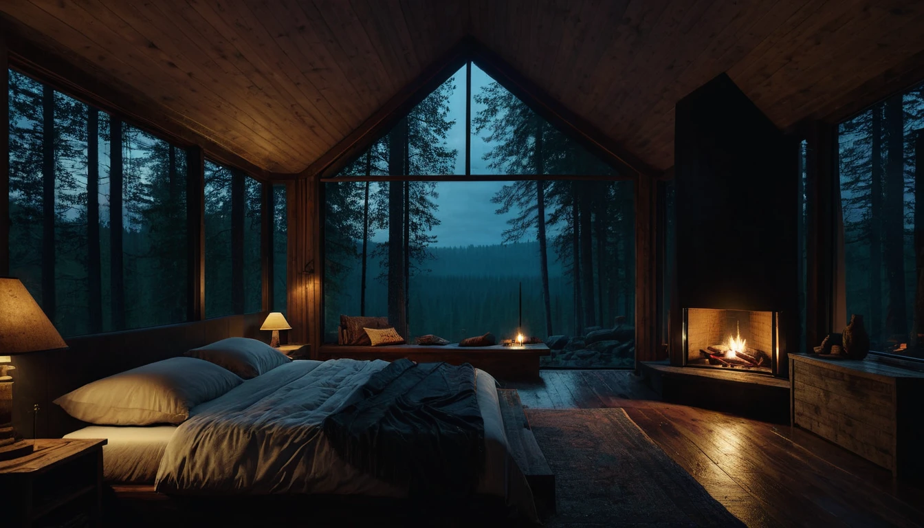 
dimly lit bedroom with fireplace and wood burning bed, large windows to the forest at night, beautiful and cinematic lighting, cozy place, cryengine render 8 k, cabin in the forest, minimalist pyramid room shape, pyramid glass, very forest background dark, lots of column windows, dark, pillows and blankets, large windows, minimalist windows, lots of boxes, minimalist windows facing the forest, quiet night. the picture is original, rainy night. original rendering, stunning, rainy night, gloomy, dark gloomy cinematic lighting, atmosphere, landscape, vast forest, moody, dramatic lighting. cinematic, cinematic, atmospheric shots, gloomy weather. hyperrealistic, atmospheric rendering, rainy night, huge gloomy forest, cinematic,