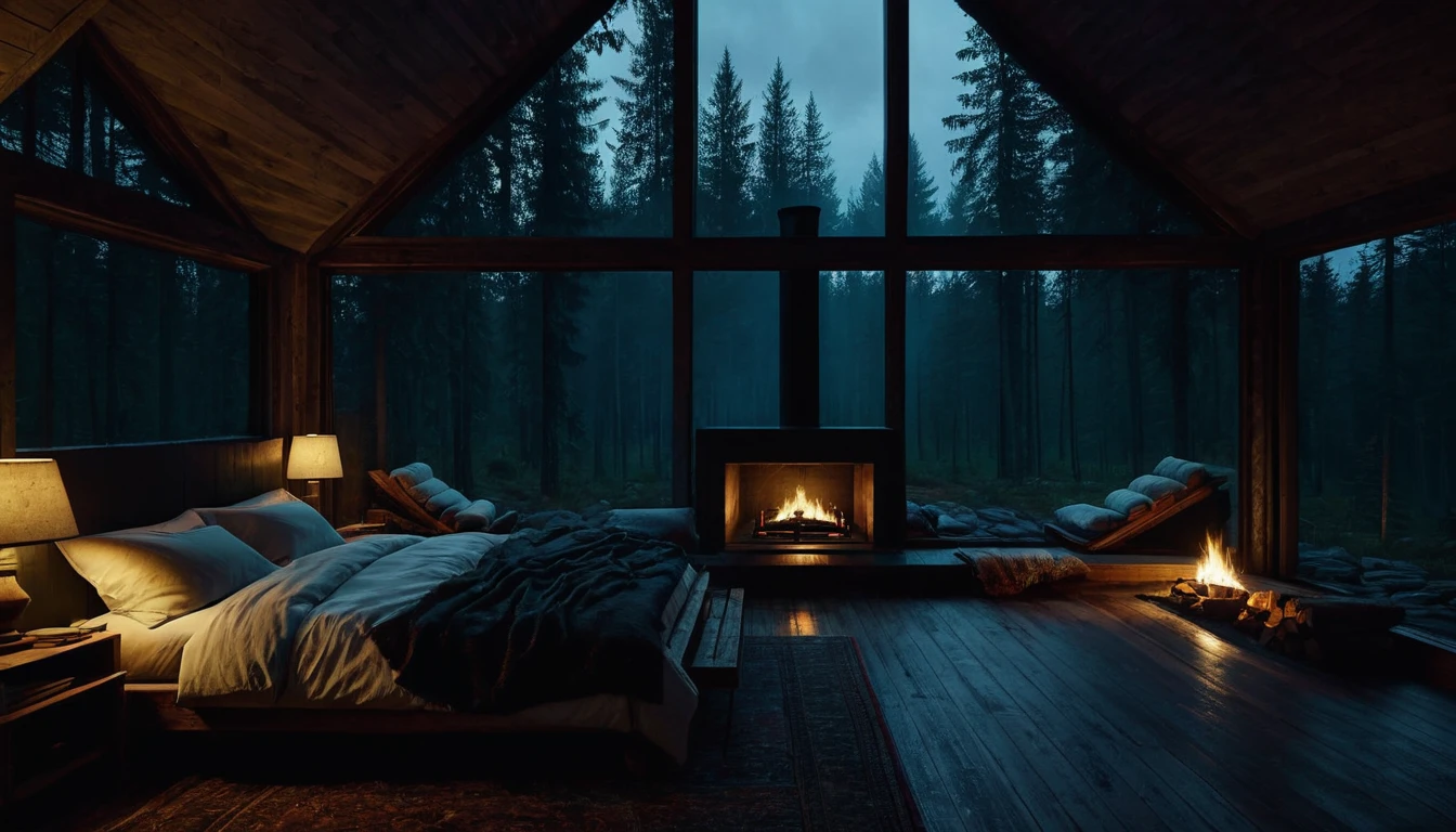 dimly lit bedroom with fireplace and wood burning bed, large windows to the forest at night, beautiful and cinematic lighting, cozy place, cryengine render 8 k, cabin in the forest, minimalist pyramid room shape, pyramid glass, very forest background dark, lots of column windows, dark, pillows and blankets, large windows, minimalist windows, lots of boxes, minimalist windows facing the forest, quiet night. the picture is original, rainy night. original rendering, stunning, rainy night, gloomy, dark gloomy cinematic lighting, atmosphere, landscape, vast forest, moody, dramatic lighting. cinematic, cinematic, atmospheric shots, gloomy weather. hyperrealistic, atmospheric rendering, rainy night, huge gloomy forest, cinematic,