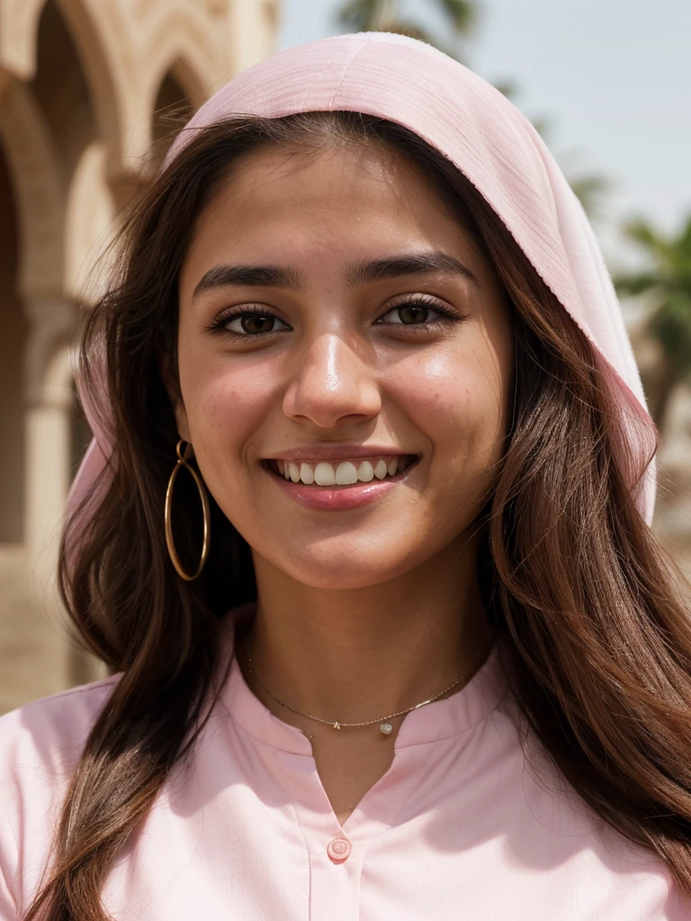 very high resolution, realistic Arab women, pink shirt, white teethes, cute smile, long brown hair, realistic facial details, modest, white skin