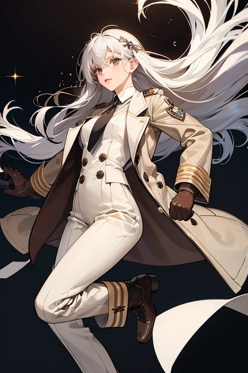 SHE has silver-white hair, . SHe wears a deep brown military jacket, a white dress shirt with a ribbon tie underneath, deep brown straight-legged pants, and white half-laced boots. SHe also sports a pair of white gloves. SPARKLE; GLITTER
