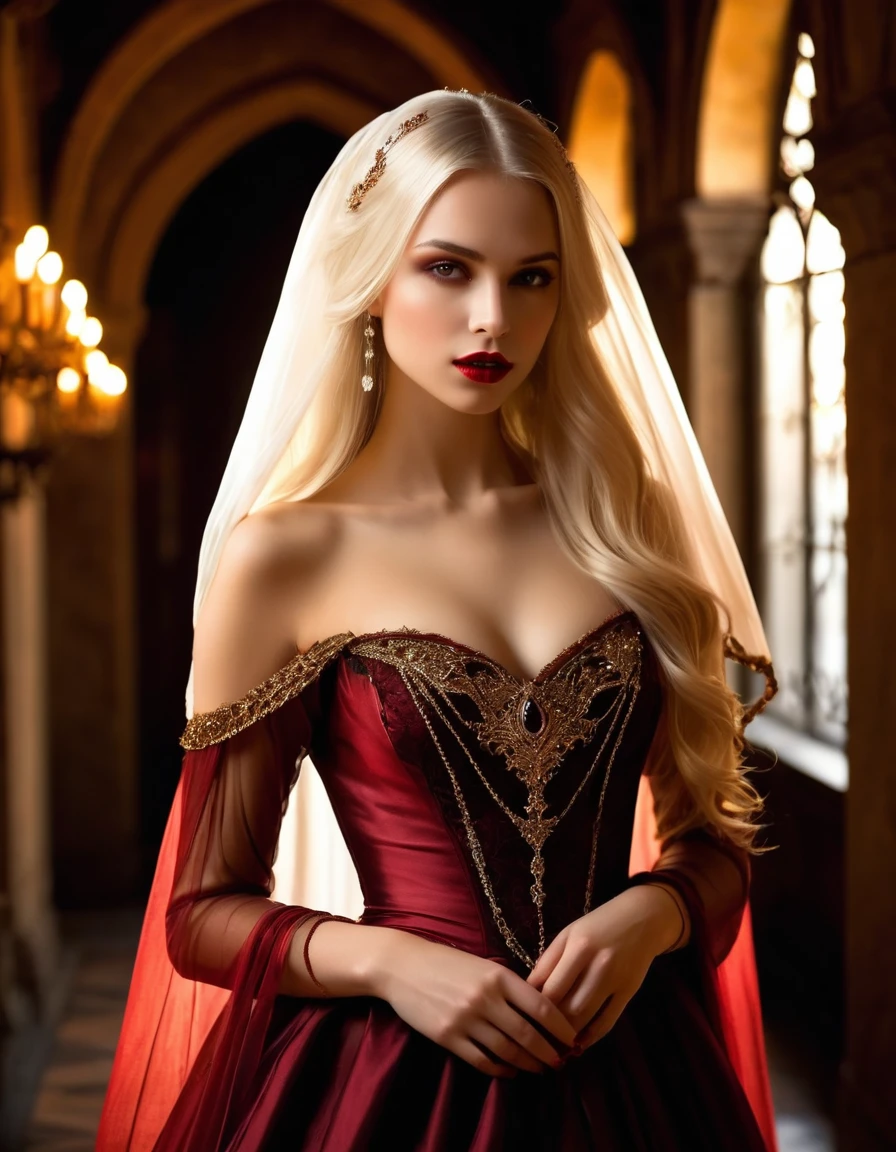 very attractive caucasian 25 year old girl with long platinum blonde hair, A beautiful young vampire walks through the corridors of a old palace showing her vampire teeth with her mouth open, hands apart, her beauty and elegance is only surpassed by her dress made of the finest ral-crztlgls, the finest details adorn the dress and her hair, a delicate veil surrounds her, the soft light nestles dreamlike around her being, a warm scene that could have sprung from a fairy tale, she is the epitome of virginal purity, at midnight, jewelry, red and dark brown and iridescent gold color scheme, various magical poses, Gothic style, dimly lit, rim lighting, high resolution, best quality, 4k, ultra-detailed, very realistic
