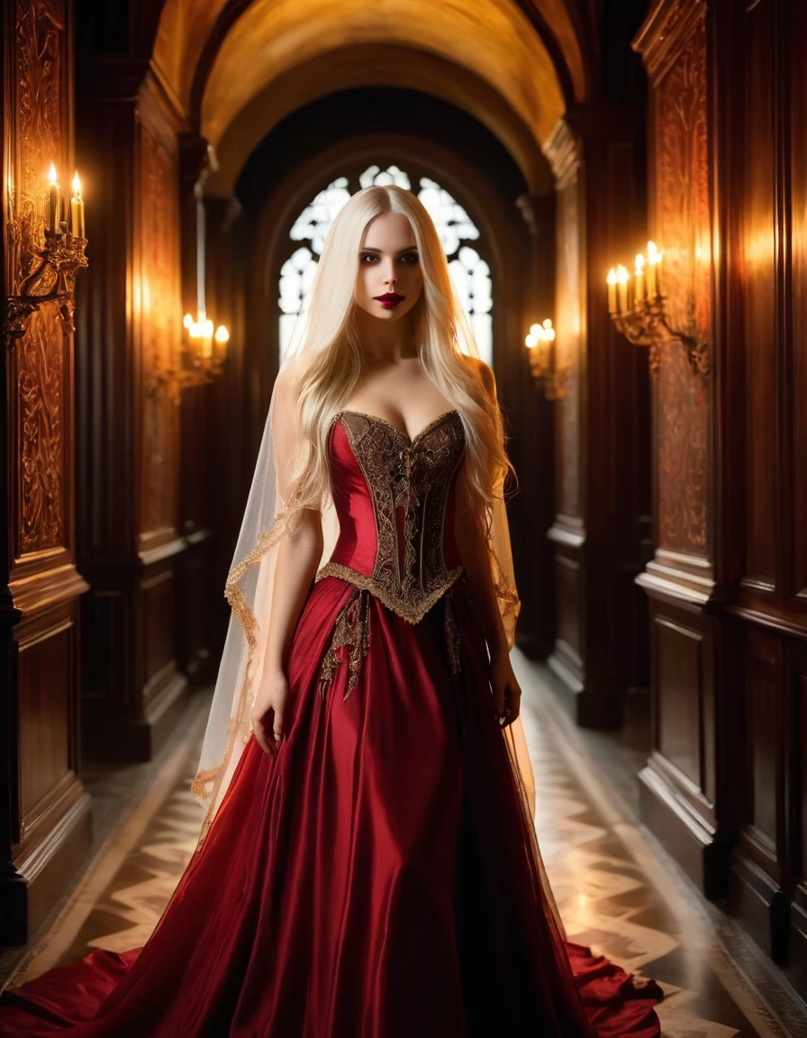 very attractive caucasian 25 year old girl with long platinum blonde hair, A beautiful young vampire walks through the corridors of a old palace showing her vampire teeth with her mouth open, hands apart, her beauty and elegance is only surpassed by her dress made of the finest ral-crztlgls, the finest details adorn the dress and her hair, a delicate veil surrounds her, the soft light nestles dreamlike around her being, a warm scene that could have sprung from a fairy tale, she is the epitome of virginal purity, at midnight, jewelry, red and dark brown and iridescent gold color scheme, various magical poses, Gothic style, dimly lit, rim lighting, high resolution, best quality, 4k, ultra-detailed, very realistic