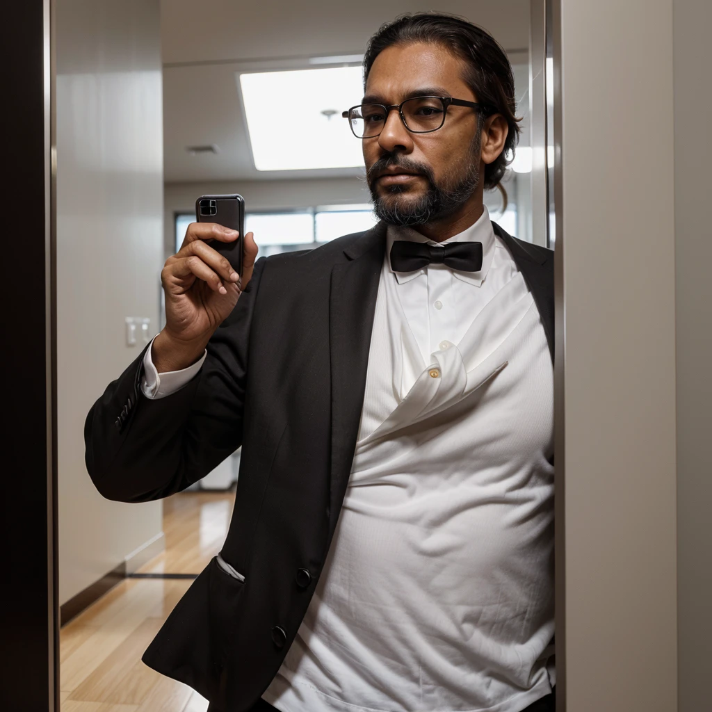 45 year old successful aesthetic man with beard,wearing black suit ,white tie ,brown skin color ,wear glasses , holding a cell phone typical brazilian man 
