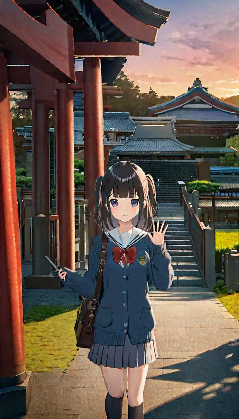 One Girl, (Sunset sky), Standing and waving, School Area, Countryside landscape, scenery, School Cardigan, (Sleeves are longer than the wrist), Powerful loafers, Black ash two side up hair, Blunt bangs, Beautiful dark eyes, Black knee socks, Cinema Lighting, Upper Body, :3,Long staircase、torii、A prestigious shrine