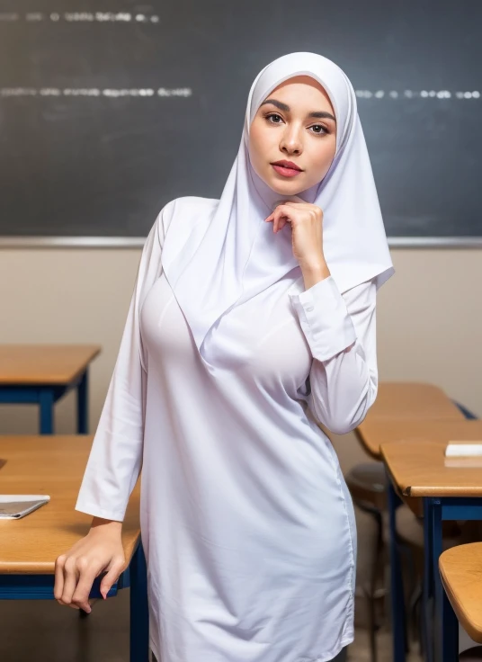 1girl, white silky dress, wearing short blue hijab, blue skirt, long sleeve, classroom background, beautiful, pretty, blushing, flawless, best quality, masterpiece, ultra high res, (photorealistic:1.4), raw photo, (large breasts,full body:1.2), ((closed clothes)), detailed two arms, ((both arms squeezed the breasts)) ((wearing short hijab)), detailed beautiful eyes, detailed reddish lips, ((dress wrinkles at breasts area))