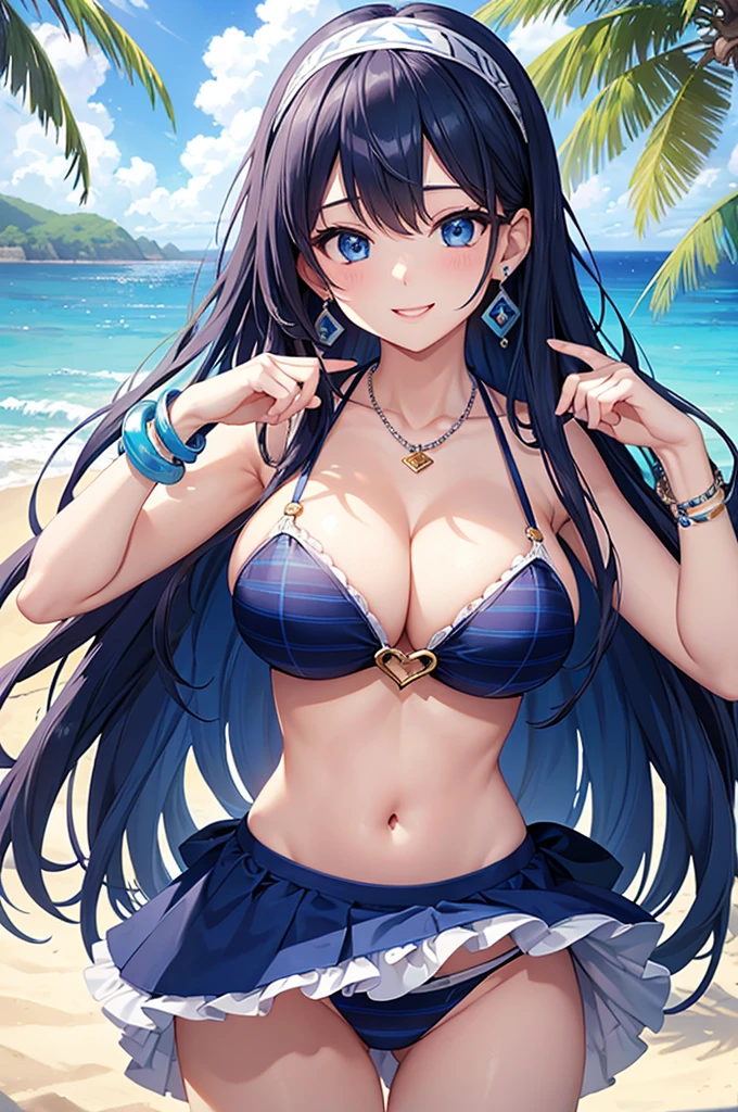 Highest quality、Highest quality、masterpiece、(8K),Beauty(Age 25)、Navy blue long hair、blue eyes、Sexy bikini with bold checkered pattern、Big cleavage、(Big Breasts)、smile、blue necklace、Blue Earrings、background(Beach)、Please open your mouth wide、White headband、bracelet、Dynamic pose